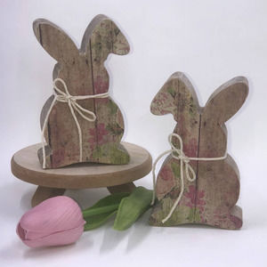 2 Wood Floral Decopage Handmade Spring Bunny Figures Tiered Tray Easter Decor